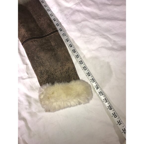 Express Women's Brown Distressed Leather Faux Fur Bomber Aviator Chore Jacket - Picture 9 of 9